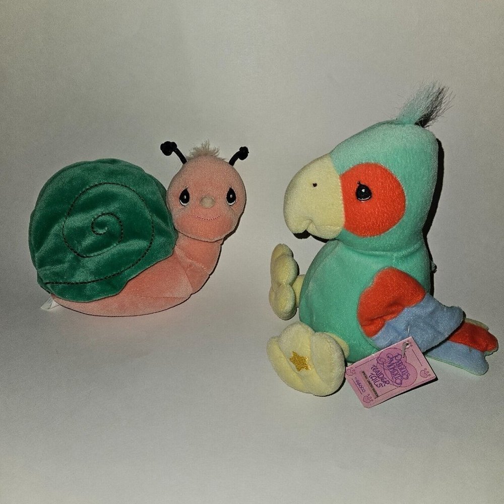 2 VTG Precious Moments Tender Tails Enesco Bird Parrot Toucan Snail Plush Lot